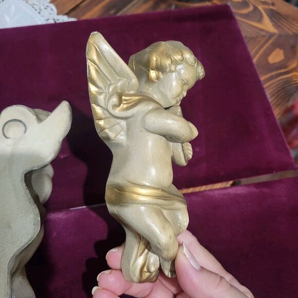 Vintage Cherub Pair Chalk Ware Plaster Wall Decor Hollywood Regency Gold Tone MC - Picture 11 of 16